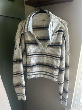 Free People Cream Striped V-Neck Collared Sweater